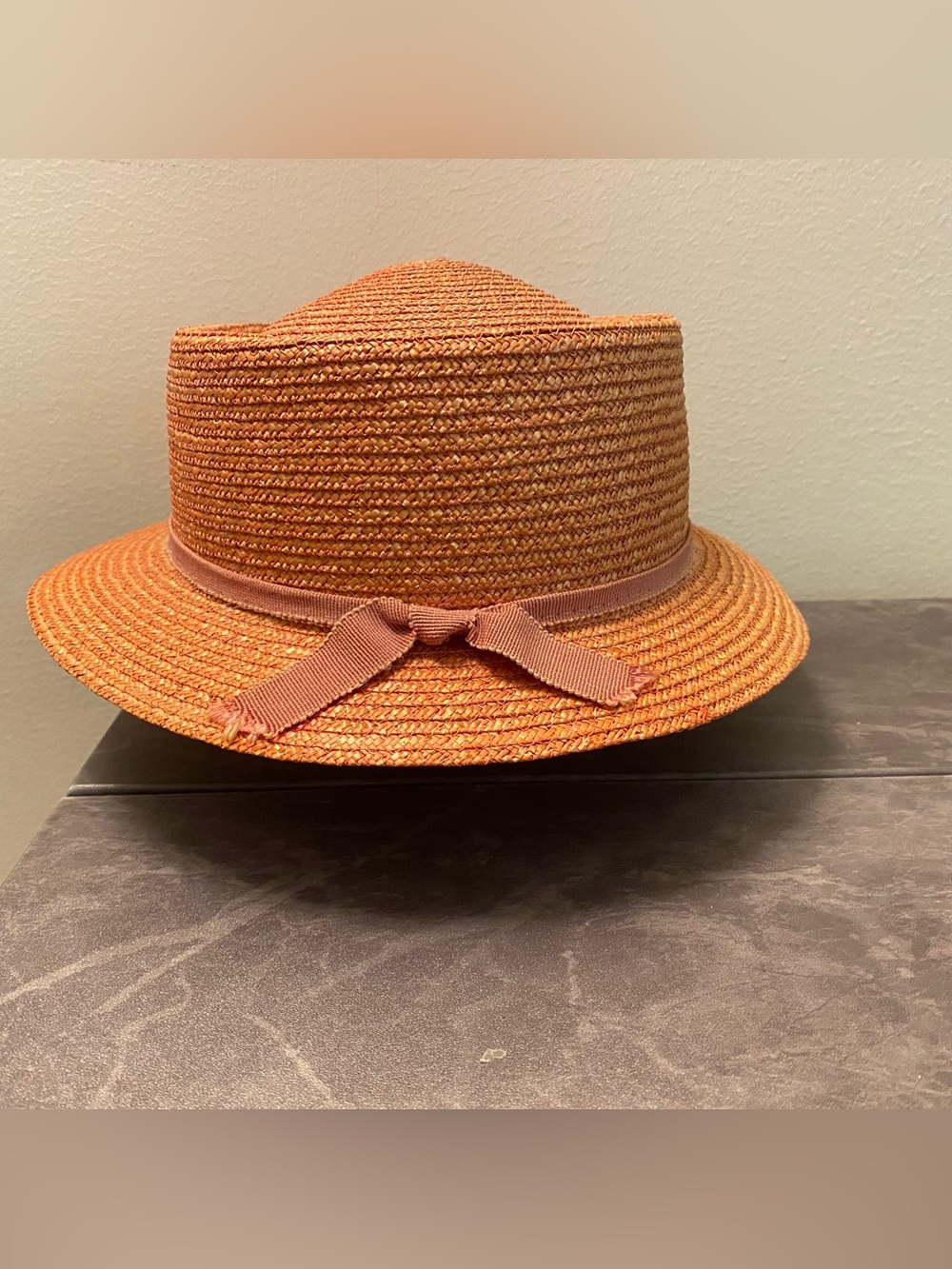 Vintage 1970s Pucci Straw Boater Sun Hat Logo Peach Orange Pastel Flat Top XS - Picture 10 of 16